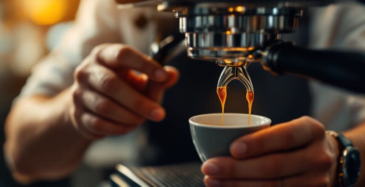Barista locking a portafilter into an espresso machine to build the nine bars of pressure needed for extraction