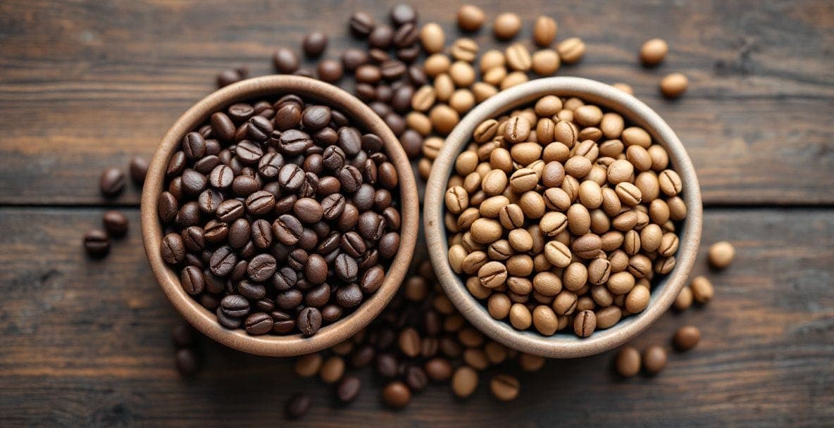 Dark roasted beans next to lighter roasted beans, illustrating how roast choice differs between espresso and drip coffee