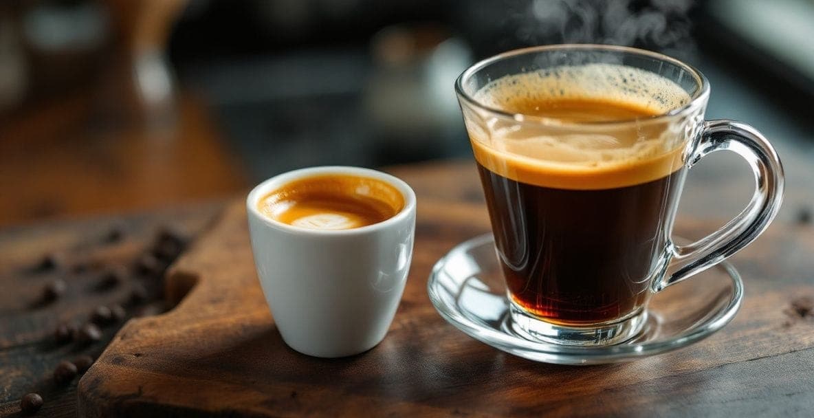 A side-by-side pour of espresso with crema and a slow pour-over coffee, illustrating the difference between espresso and coffee